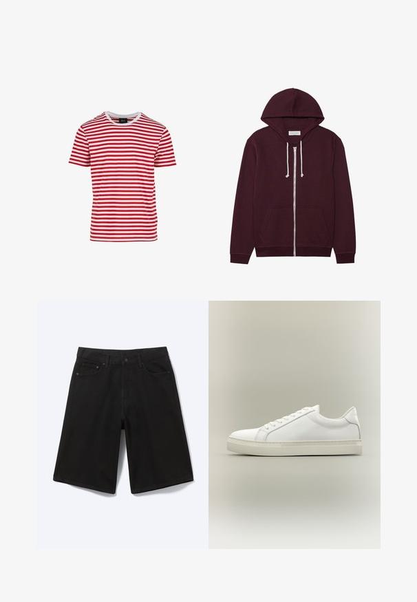 Burgundský zipový sweatshirt s kapucňou na šnúrku, prednými vreckami a rebrovanými manžetami. Vyrobený z mäkkej, štruktúrovanej tkaniny.; Červené a biele pruhované tričko s krátkym rukávom a okrúhlym výstrihom, vyrobené z látky s hladkou textúrou. Má rovnomerné horizontálne pruhy.; Čierne rifľové šortky po kolená s predným gombíkom, pútkami na opasok a piatimi vreckami, zobrazené na bielom pozadí.; Biela nízka teniska so šnurovaním vpredu a hrubou podrážkou, zobrazená zboku na neutrálom pozadí.