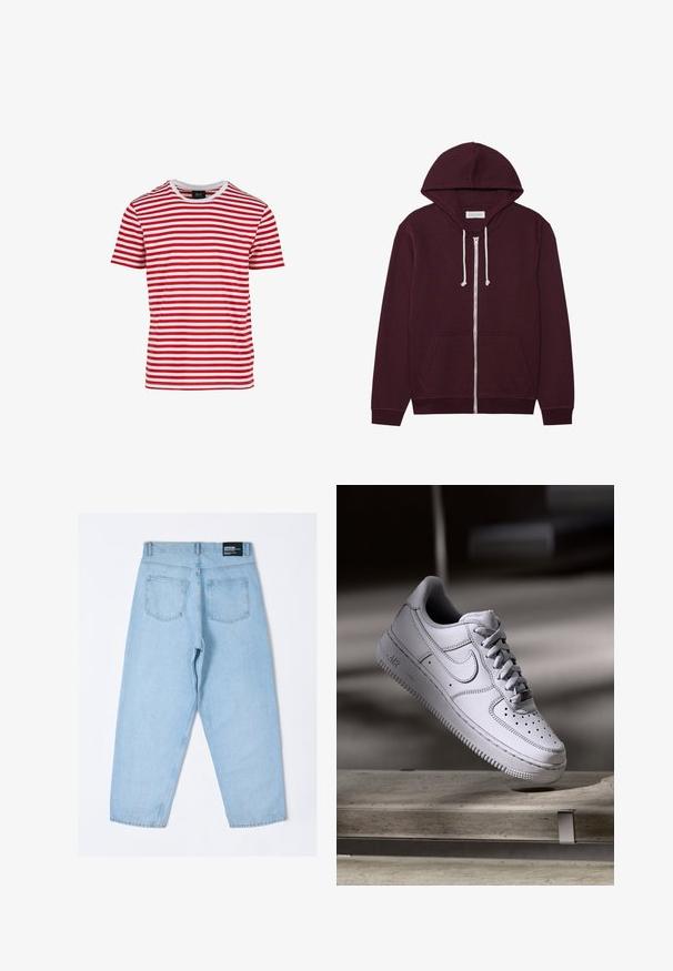 Bordeaux zip-hoodie med snoretræk i hætten, frontlommer og ribbede manchetter. Lavet af et blødt, tekstureret stof.; Rød- og hvidstribet kortærmet t-shirt med rund hals, lavet af stof med en glat tekstur. Har jævne vandrette striber.; Lyseblå denimjeans med en afslappet pasform, der har to baglommer og et synligt mærke på taljen. Glat tekstur, lige ben-design.; Hvid læder Nike Air Force 1 sneaker med perforeret tå, flade snørebånd og tekstureret gummisål med "AIR" branding på siden.