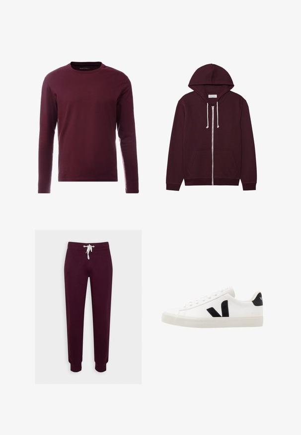 Sudadera de burdeos con cremallera y capucha ajustable, bolsillos frontales y puños acanalados. Confeccionada en una tela suave y texturizada.; Camiseta de manga larga en algodón burdeos oscuro, diseño de cuello redondo, textura suave y sin patrones ni acentos visibles.; Pantalones de chándal burdeos hechos de un tejido suave, con una cintura elástica y cordón blanco, piernas entalladas y puños de canalé.; Zapatilla de cuero blanca con acentos de ante negro; presenta una suela de goma, puntera redonda y un diseño clásico de cordones. Logo lateral en negro.
