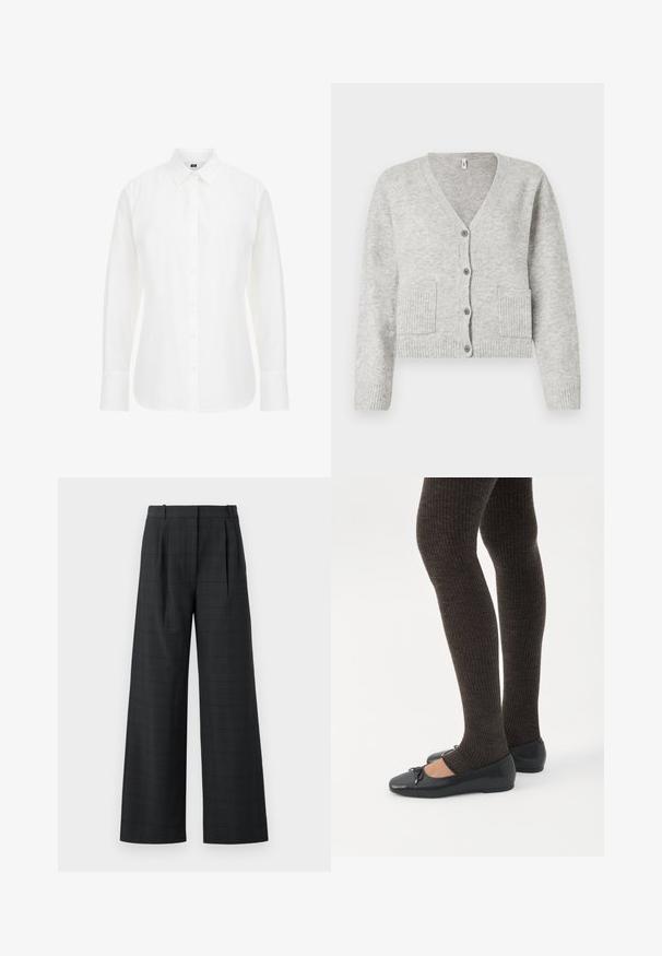 Cárdigan tejido de color gris claro con escote en V, mangas largas, cuatro botones delanteros, puños y bajo acanalados, y dos bolsillos frontales.; Camisa blanca de manga larga hecha de algodón, con un cuello clásico, botones en la parte delantera y un dobladillo recto con bordes ligeramente redondeados.; Pantalones de pierna ancha de cintura alta en un tartán gris oscuro con pliegues frontales y pasadores para cinturón, confeccionados para un ajuste suelto y cómodo.; Piernas con leggings oscuros acanalados combinados con bailarinas negras que presentan pequeños detalles de lazo sobre un fondo blanco.