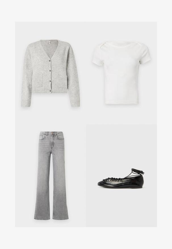 Cárdigan tejido de color gris claro con escote en V, mangas largas, cuatro botones delanteros, puños y bajo acanalados, y dos bolsillos frontales.; Camiseta ribeteada de punto blanco de manga corta para bebé o niño pequeño, con escote redondo y botones a presión en el hombro, sobre un fondo liso.; Jeans de mezclilla gris de campana con una cintura alta, bolsillos delanteros, trabillas para el cinturón y un sutil diseño descolorido, presentados sobre un fondo blanco.; Zapatos planos tipo ballet de charol negro con punta redondeada, diseño con cordones y suela plana. Textura lisa con detalles mínimos.