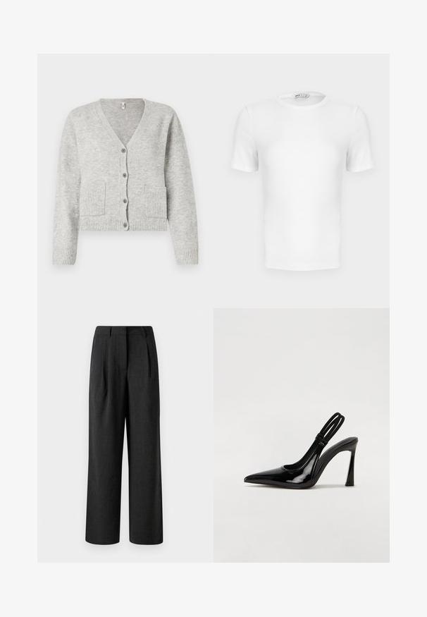 Lysegrå strikket cardigan med V-hals, lange ærmer, fire forreste knapper, ribstrikkede manchetter og kant samt to forlommer.; Hvid ribstrikket T-shirt med korte ærmer, rund hals og tætsiddende pasform samt en lille mærkeetiket inde i kraven.; Sorte brede bukser lavet af tekstureret stof, med forkødsfolder og skræddersyet talje, designet til at have en løs pasform.; Sorte patenterede lædersædler med spidse tæer, slank høj hæl og dobbelt elastisk rem for sikker pasform. Glat, skinnende overflade.