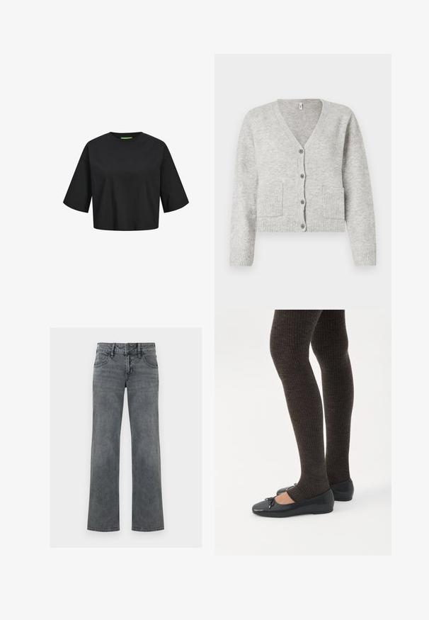 Lysegrå strikket cardigan med V-hals, lange ærmer, fire forreste knapper, ribstrikkede manchetter og kant samt to forlommer.; Sort bomulds cropped t-shirt med rund hals, korte ærmer og en grøn label detalje ved halsudskæringen. Glat, blød tekstur.; Grå denimjeans med lige ben, lynlås og knap foran samt fem-lomme-design, vist mod en hvid baggrund.; Ben iført mørke ribbede leggings kombineret med sorte balletsko med små sløjfedetaljer på hvid baggrund.