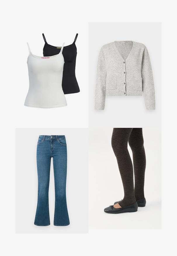 Lichtgrijze gebreide cardigan met V-hals, lange mouwen, vier knopen aan de voorkant, geribde boorden en zoom, en twee voorzakken.; Twee basis tanktops in zwart en wit, gemaakt van een gladde, rekbare stof. Voorzien van dunne bandjes en een eenvoudig, getailleerd ontwerp.; Blauwe denim flared jeans met een middelhoge tailleband, vijf zakken en subtiele stikseldetails. Glad textuur met een klassieke wassing.; Benen met donkere geribbelde leggings gecombineerd met zwarte ballerina's met kleine strikdetails op een witte achtergrond.
