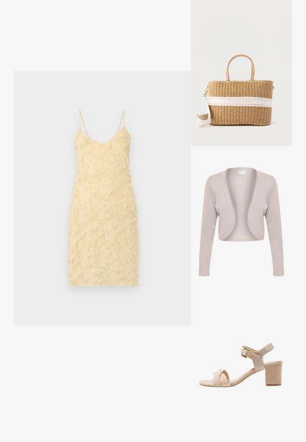 Cardigan beige court avec manches longues, design ouvert à l'avant, texture côtelée et tissu doux. Aucun système de fermeture ni motifs visibles.; Robe sans manches jaune avec une silhouette ajustée. Dotée d'une surface texturée avec des détails frangés sur l'ensemble. Bretelles spaghetti et décolleté en V.; Sandale à talon haut en suède beige avec un design à brides croisées, boucle de cheville réglable et un talon bloc de 7,5 cm. Texture lisse et accents polis.; Sac cabas rectangulaire en paille tressée avec deux poignées et une bandoulière blanche amovible portant le texte "Valentino" sur la bande centrale.