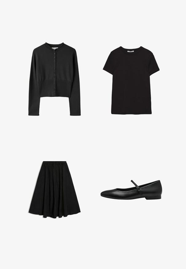 Sort langærmet cropped cardigan med rund halsudskæring og knaplukning foran, med ribdetaljer ved taljen og kanten.; Sort kortærmet t-shirt i bomuld med rund halsudskæring, standard pasform og synlig indvendig halsmærkat.; Sort A-formet midi-nederdel med elastisk talje og diskrete læg, vist på hvid baggrund.; Sorte læder balletflade med rund tå, en enkelt rem over vristen og en lav, rektangulær hæl. Glat tekstur.