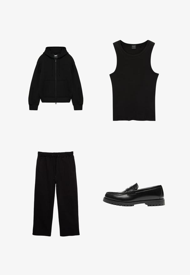 Sweat à capuche zippé noir avec poches avant, capuche à cordon, poignets côtelés et logo discret sur la poitrine.; Débardeur noir à côtes avec un col rond et de larges emmanchures, fabriqué à partir d'un tissu doux et extensible. Étiquette : Pull&Bear.; Pantalons de survêtement noirs en tissu doux, avec une taille élastique et un cordon de serrage, deux poches latérales et une coupe décontractée.; Mocassin en cuir noir avec une semelle en caoutchouc épaisse et un détail classique de bride à monnaie, vu de côté extérieur.