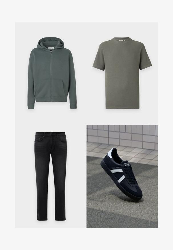 Capuchon sweatshirt met rits in gedempt donker grijs-groen, met voorzakken en geribde manchetten, gelabeld als Hollister Boy Fit, maat medium.; Korte mouw olijfgroene T-shirt van getextureerde gebreide stof met ronde hals en rechte zoom, plat gelegd op een witte achtergrond.; Zwarte slim-fit jeans met vijf zakken, riemlussen en knoopsluiting, plat gelegd op een witte achtergrond.; Zwarte leren sneaker met witte strepen, een gestructureerde rubberen zool en vetersluiting aan de voorkant. Voorzien van een merklabel op de tong.