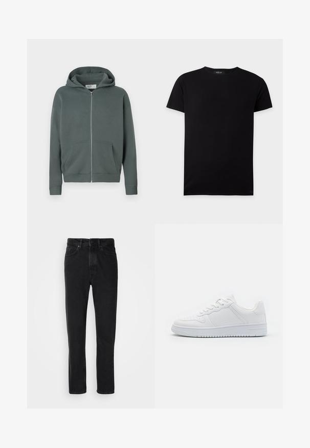 Hættezip-sweatshirt i afdæmpet mørkegrå-grøn med frontlommer og ribbede manchetter, mærket Hollister Boy Fit, størrelse medium.; Simpel sort t-shirt med korte ærmer og rund hals, lagt fladt ud med et lille Replay-mærke inde i kraven.; Sorte denim jeans med lige ben-design, med knap- og lynlåslukning, forlommer og subtile teksturer.; Hvide sneakers lavet af glat syntetisk materiale, med flade snørebånd, perforeret tå og en gummisål med et tekstureret grebmønster.