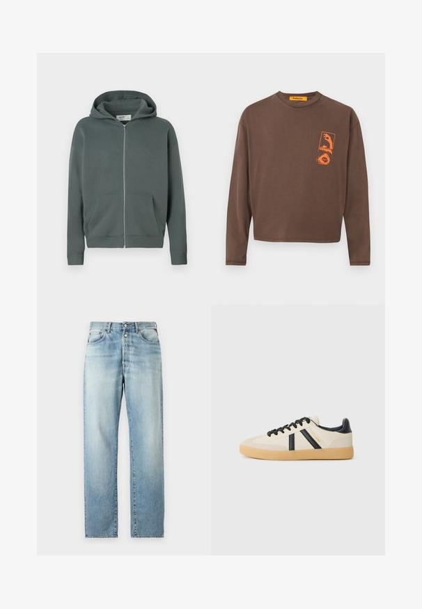 Hættezip-sweatshirt i afdæmpet mørkegrå-grøn med frontlommer og ribbede manchetter, mærket Hollister Boy Fit, størrelse medium.; Brun langærmet t-shirt med et rektangulært orange grafisk design på venstre bryst, der har hånd- og bølkemotiver. Fremstillet af blødt bomuldsmateriale.; Lyseblå denimjeans med lige ben-design, der har et klassisk fem-lomme layout og knapåbning. Falmet tekstur over det hele.; Casual sneakers i creme med sorte striber, med en tekstureret overdel og sål i gummigummi. Snørebåndene er sorte. Diskret logo på siden.