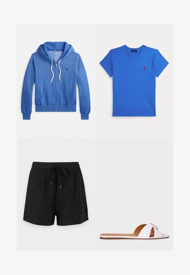 Sweat à capuche zippé bleu en mélange de coton avec un intérieur doux. Comprend une poche avant, des cordons de serrage blancs et un détail de logo brodé.; T-shirt bleu à manches courtes avec col rond et petit logo rouge Polo Ralph Lauren sur le côté gauche de la poitrine, présenté sur fond blanc.; Shorts noirs décontractés avec taille élastique et cordon, avec un petit logo rouge brodé sur le bas à gauche.; Sandale à glissière en cuir blanc avec des brides supérieures croisées et un détail en nœud. Semelle plate avec un accent brun. Matériau texturé.