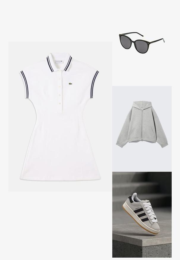 Sweat à capuche zippé gris clair avec capuche, manches longues et poches avant, posé à plat sur un fond clair.; Robe polo blanche à manches courtes avec col et poignets rayés bleu marine, patte de boutonnage et logo crocodile vert sur la poitrine.; Baskets Adidas Campus grises avec des rayures noires et des lacets blancs flottant au-dessus d'un rebord en béton avec des escaliers en arrière-plan.; Lunettes de soleil noires en forme d'œil de chat avec des verres gris. Présentent un accent en métal doré le long du sourcil et deux petites pinces décoratives de chaque côté de la monture.
