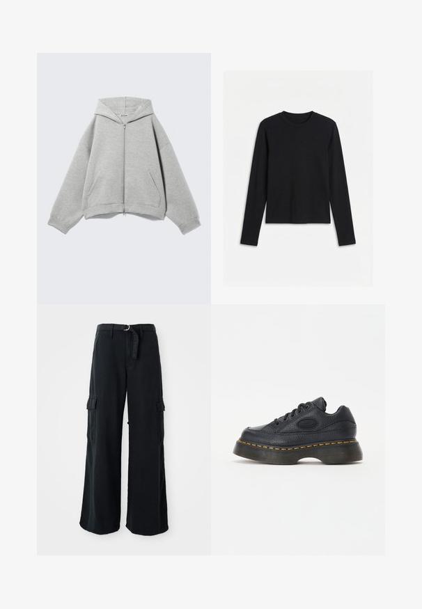 Sudadera con capucha y cremallera en gris claro, con capucha, mangas largas y bolsillos delanteros, colocada plana sobre un fondo claro.; Camiseta negra de manga larga con cuello redondo y diseño ajustado y sencillo, mostrada sobre fondo blanco.; Pantalones cargo anchos negros de algodón con cinturón de lazo, que cuentan con dos bolsillos laterales y una textura de tela suave.; Zapatilla de cuero negro con acabado texturizado, punta redonda y suela de plataforma gruesa. Presenta costuras de acento amarillas y logotipo de la marca en el lateral.