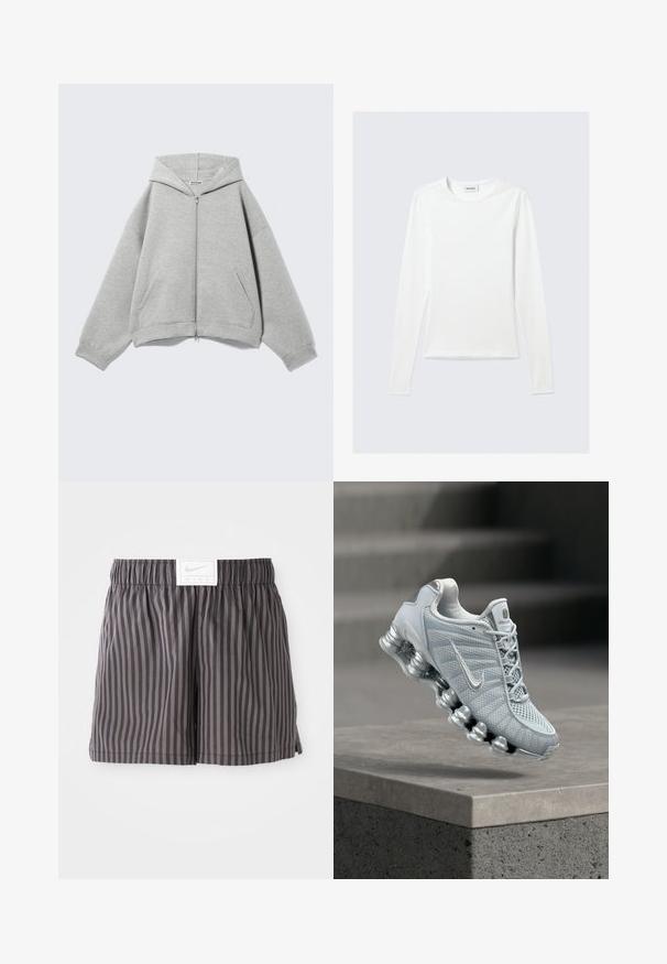 Lichtgrijze zip-up hoodie met capuchon, lange mouwen en voorzakken, plat neergelegd op een lichte achtergrond.; Effen wit shirt met lange mouwen en ronde hals, slim fit, afgebeeld tegen een lichtgrijze achtergrond.; Grijs gestreepte shorts gemaakt van lichtgewicht stof, met een elastische tailleband en een witte Nike logo-label aan de voorkant.; Lichtgrijze Nike hardloopschoen met gedempte veerachtige zool die boven een betonnen richel zweeft, wazige trapachtergrond.