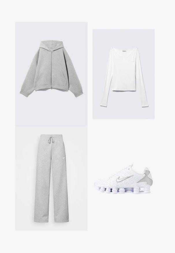 Sweat à capuche zippé gris clair avec capuche, manches longues et poches avant, posé à plat sur un fond clair.; Haut blanc à manches longues avec un design croisé et une poche. Fabriqué dans un tissu lisse et extensible. Coupé dans une coupe décontractée et ample.; Pantalon de survêtement gris avec une taille élastique, un détail de cordon de serrage et un petit logo Nike blanc sur la cuisse gauche. Tissu doux, coupe ample.; Baskets de sport blanches avec tige en mesh, accents argentés et un design de semelle en spirale unique. Comprend un collier rembourré et un système de laçage pour un ajustement parfait.