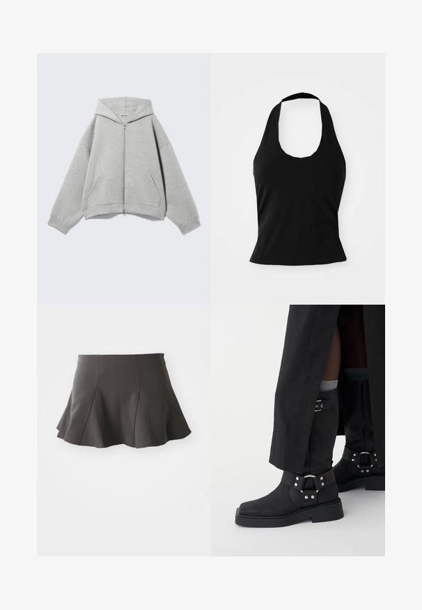 Sudadera con capucha y cremallera en gris claro, con capucha, mangas largas y bolsillos delanteros, colocada plana sobre un fondo claro.; Top negro tipo halter hecho de una tela suave, con un escote redondeado y una silueta ajustada, con una textura lisa y sin patrones visibles.; Falda negra acampanada con una cintura ajustada, que presenta costuras verticales y una textura suave. El dobladillo es ligeramente curvado y queda por encima del muslo.; Botas negras hasta el tobillo hechas de cuero con un acabado mate, punta cuadrada y hebillas decorativas. La suela es gruesa y texturizada.