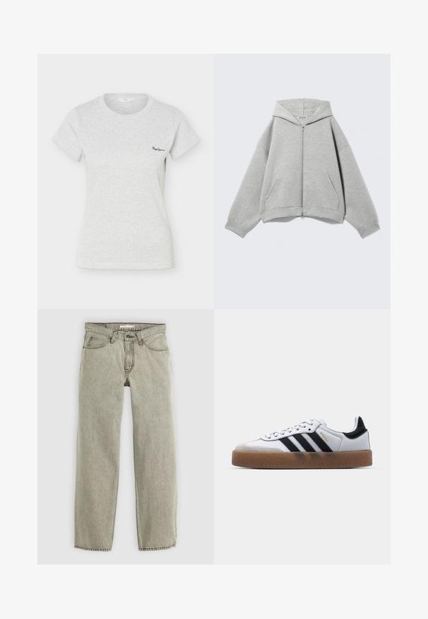 Lysegrå hættetrøje med lynlås, hætte, lange ærmer og forlommer lagt fladt på en lys baggrund.; Lysegrå kortærmet ribbet T-shirt med rund hals og lille sort "Pepe Jeans"-logo på venstre bryst.; Lys grå straight-leg jeans med frontlukkede knap og lynlås, bæltestropper og fem-lomme design.; Hvide lædersneakers med sorte striber, gummirubber sål, rund tå, snørelukning og blød grå ruskinds tåhætte.