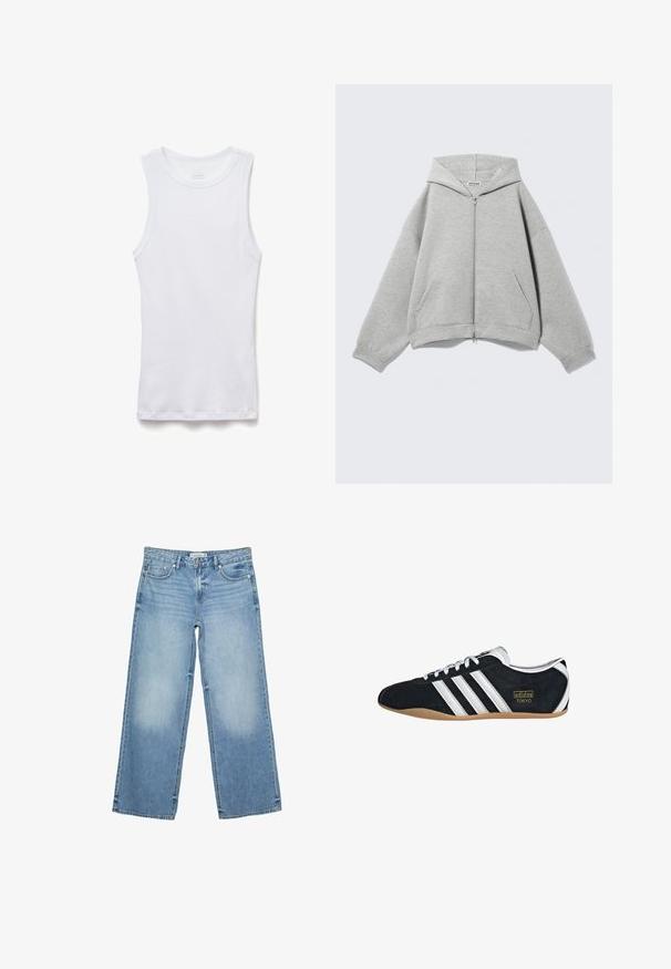 Sweat à capuche zippé gris clair avec capuche, manches longues et poches avant, posé à plat sur un fond clair.; Débardeur sans manches blanc côtelé avec col rond, posé à plat sur un fond blanc.; Jean large bleu clair en denim. Les caractéristiques incluent des poches avant, une fermeture éclair et un léger délavage le long des cuisses.; Sneakers en suede noir avec trois bandes blanches, logo doré et semelle en caoutchouc marron. Présente un design à lacets à profil bas.