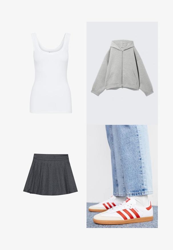 Lysegrå hættetrøje med lynlås, hætte, lange ærmer og forlommer lagt fladt på en lys baggrund.; Hvid tanktop med rund udskæring, brede skulderstropper og tætsiddende design, lavet af et glat, strækbart stof.; Grå stribede skater nederdel med en tætsiddende talje, udformet i A-linje og en blød stofstruktur. Lodrette linjer øger den visuelle interesse.; Hvide lædersneakers med røde striber og accenter. Har en tekstureret gummisål og polstret krave. Bæres med lyseblå denim.