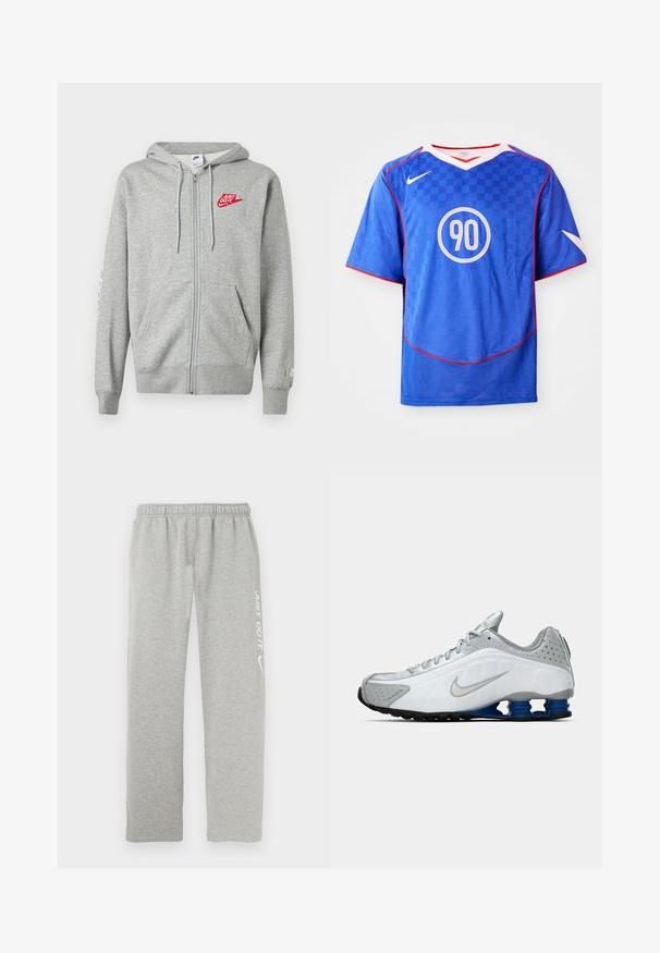 Sudadera con capucha y cremallera en gris claro, con bolsillos frontales, capucha ajustable con cordón y logo rojo de Nike "Just Do It" en el pecho izquierdo.; Camiseta de fútbol Nike azul con un patrón a cuadros, mangas cortas, diseño de cuello en V, acentos blancos y un gráfico circular central con el número "90".; Pantalones deportivos grises hechos de un material suave con una cintura elástica. Presentan un texto blanco "JUST DO IT" y el logo de Nike swoosh en una pierna.; Zapatilla de running Nike en blanco y gris con el swoosh plateado, unidades de suela azul en forma de resorte y banda de rodadura negra sobre un fondo liso.