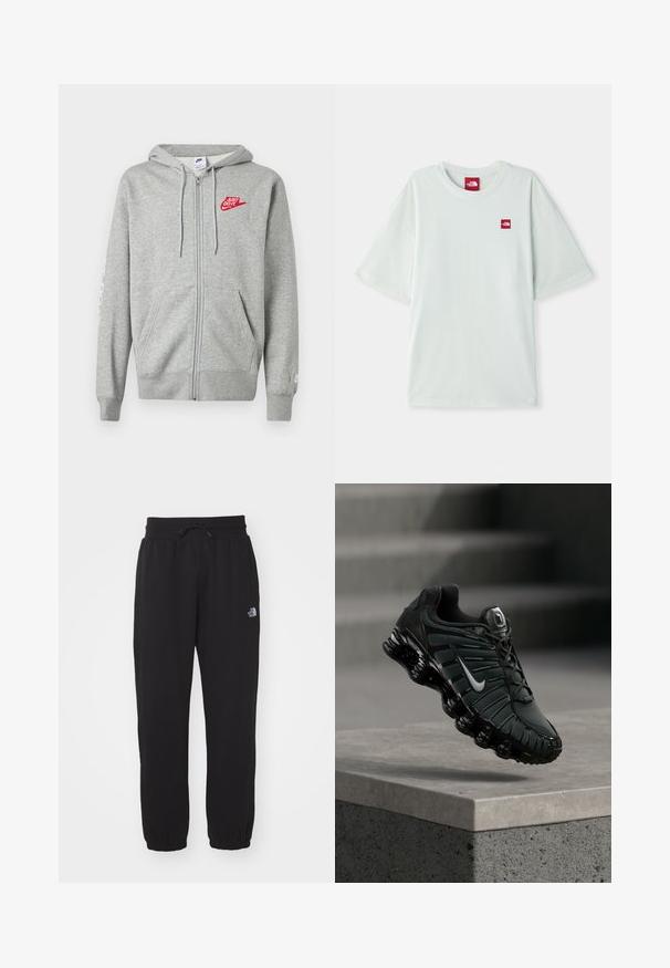Vaaleanharmaa vetoketjullinen huppari, jossa on etutaskut, säädettävä kiristysnauha hupussa ja vasemmassa rinnassa punainen "Just Do It" - Nike-logo.; Vihreä lyhythihainen t-paita pehmeästä puuvillasta, jossa on pieni punainen logotagi vasemmassa rintakehässä. Rentoa istuvuutta ja pyöreä kaula-aukko.; Musta collegehousut pehmeästä kankaasta, joissa on joustava vyötärönyöri, nilkkasaumat ja pieni logo yläreidessä.; Musta ja tummanharmaa Nike-juoksukenkä, jossa valkoinen swoosh-logo, roikkuu betonireunan ja portaiden yllä taustalla.