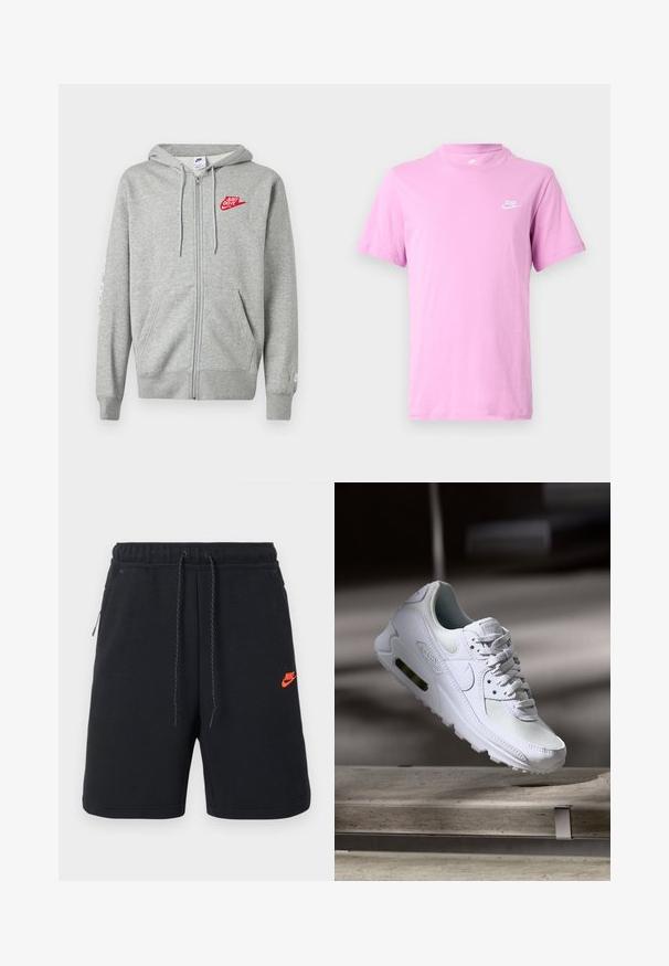 Sweat à capuche gris clair zippé avec poches devant, capuche ajustable à cordon, et logo Nike rouge "Just Do It" sur le côté gauche de la poitrine.; T-shirt Nike violet clair à manches courtes avec col rond et petit logo blanc Nike sur la poitrine gauche, sur fond blanc.; Shorts noirs Nike avec ceinture élastique, cordon de serrage, poches latérales et petit logo Nike orange sur la cuisse gauche.; Sneaker Nike Air Max 90 blanche avec une tige en mesh et cuir, une boîte à orteils perforée et une unité air visible au talon.