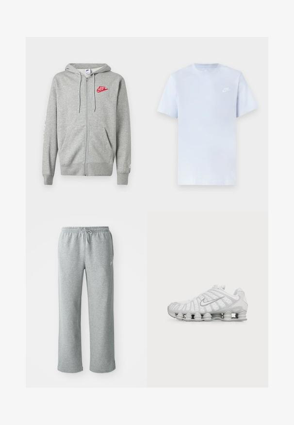Hellgrauer Kapuzenpullover mit Reißverschluss, Fronttaschen, verstellbarer Kordelzugkapuze und rotem "Just Do It" Nike-Logo auf der linken Brust.; Hellblaue Baumwoll-T-Shirt mit kurzen Ärmeln, Rundhalsausschnitt und einem weißen Nike-Logo, das auf der linken Brust gedruckt ist. Glatte Textur, schlichtes Design.; Graue Sweatpants aus Baumwolle mit elastischem Bund, Kordelzugverschluss und geraden Beinen. Verfügt über ein kleines Logo auf der oberen linken Seite.; Weißer Nike-Sneaker mit markantem wellenförmigem Design und federnder Dämpfung in der Sohle, von der Seite auf einfarbigem Hintergrund gesehen.