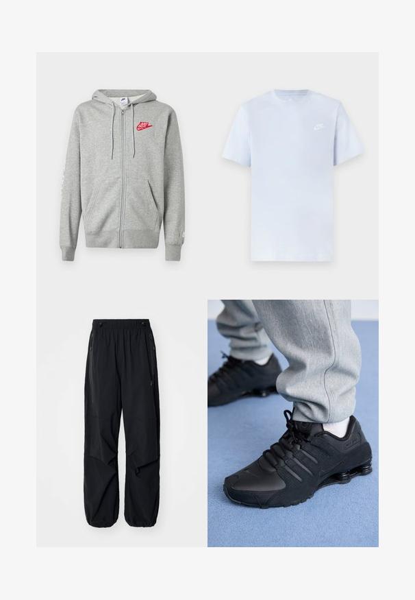 Svetlosivá mikina na zips s prednými vreckami, nastaviteľnou kapucňou so šnúrkami a červeným logom Nike "Just Do It" na ľavej strane hrudníka.; Svetlomodré bavlnené tričko s krátkymi rukávmi, okrúhlym výstrihom a bielym logom Nike potlačeným na ľavej hrudi. Hladká textúra, jednoduchý dizajn.; Čierne ľahké cargo nohavice s elastickým pásom, bočnými zipsami a priestrannými vreckami. Majú voľný strih a zúžené manžety.; Osoba v čiernych teniskách Nike Shox a šedých teplákoch stojí na svetlomodrom koberci.