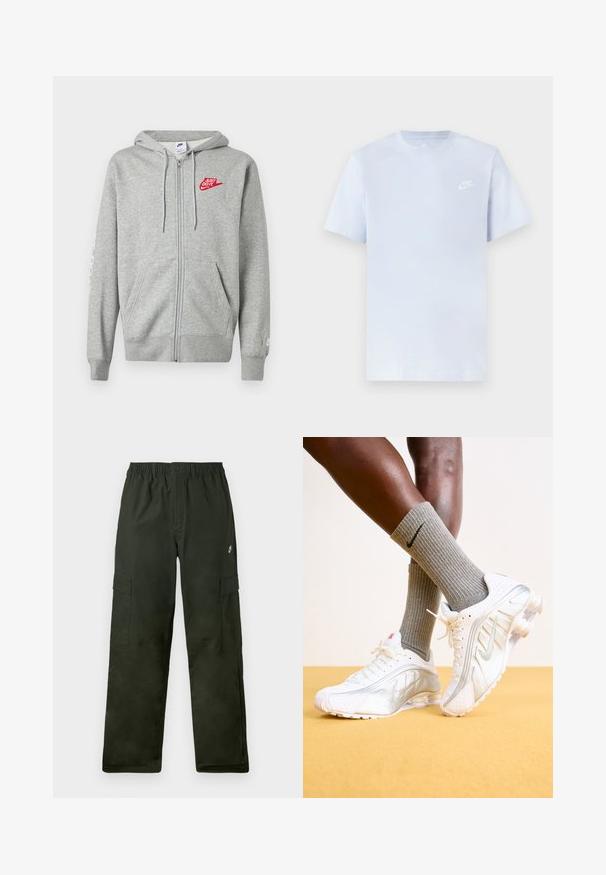 Vaaleanharmaa vetoketjullinen huppari, jossa on etutaskut, säädettävä kiristysnauha hupussa ja vasemmassa rinnassa punainen "Just Do It" - Nike-logo.; Vaaleansininen puuvillainen t-paita lyhyillä hihoilla, pyöreä kaula-aukko ja valkoinen Nike-logo vasemmassa rinnassa. Suora pinta, yksinkertainen muotoilu.; Vihreät cargo-housut joustavalla vyötäröllä, joissa on kaksi sivutaskua ja pieni logo edessä.; Nike-kengät valkoisina hopeisilla yksityiskohdilla, joissa on teksturoituja pintoja ja reikiä. Yhdistettynä harmaisiin ribbikotivillasukkasiin keltapohjaista taustaa vasten.
