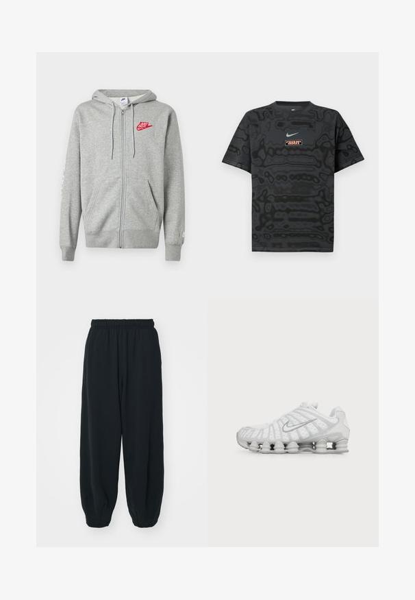 Lichtgrijze hoodie met rits, voorzakken, verstelbare capuchon met trekkoord en een rood "Just Do It" Nike-logo op de linkerborst.; Zwart T-shirt met een gestructureerd patroon, met een klein Nike-logo in lichtblauw en een rechthoekige logopatch in contrasterende kleuren.; Zwarte, elastiche sweatpants met een losse pasvorm, manchetten aan de enkels, een zachte textuur en zonder zichtbare patronen of hardwareaccenten.; Witte Nike hardloopschoen met zichtbare luchtdempende zool en zilveren swoosh-logo aan de zijkant, gezien vanaf de buitenkant.