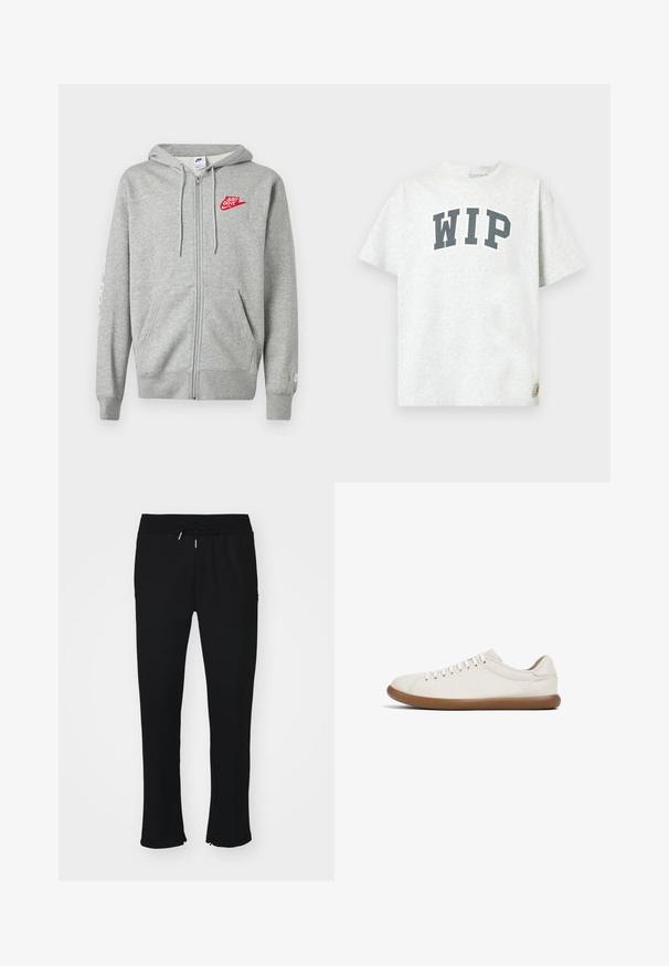 Lysegrå hættejakke med lynlås, forlommer, justerbar snøre i hætten og rød "Just Do It" Nike-logo på venstre bryst.; Lysegrå T-shirt med korte ærmer, med "WIP" i store sorte bogstaver hen over brystet og en lille logotag nær kanten.; Sorte joggingbukser lavet af blødt stof, med elastisk talje og snor, slids ved kanten og subtil mønstret struktur.; Sneaker med en lys beige læderoverdel, rund tå og flad brun gummisål; har seks snørehuller og et lavprofil design.