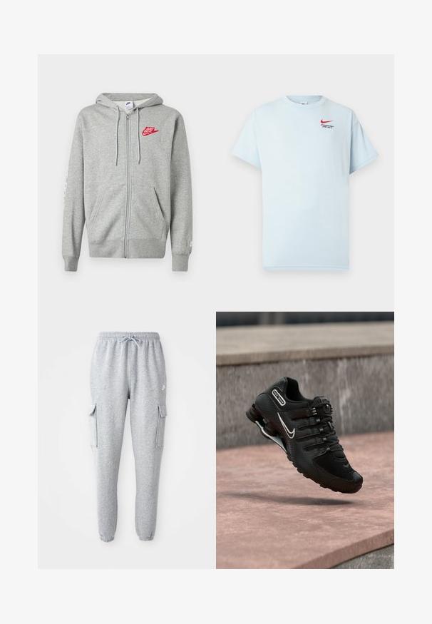 Helehall zip-up kapuutsiga fliis, ees taskud, reguleeritav nööriga kapuuts ja vasakul rinnal punane "Just Do It" Nike logo.; Hele sinine puuvillane T-särk lühikeste varrukatega, ümmarguse kaelusega ja punane Nike swoosh logo. Tekst kõlab: "SPORT RIKK. LIHTSALT TEHA."; Hallid hallid dressipüksid, mis on valmistatud pehmest kangast ja millel on elastne vöökoht koos nööridega, kaks külgset kottide taskut ja kitsenevad sääred.; Must Nike Shox jooksujalats valge Swooshi logoga, õhus roosakat tooni betoonpinna kohal, halli kiviseina taustal.