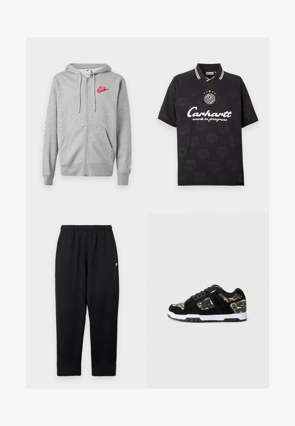 Lysegrå hættejakke med lynlås, forlommer, justerbar snøre i hætten og rød "Just Do It" Nike-logo på venstre bryst.; Sort kortærmet polo med hvid "Carhartt work in progress" tekst, logo med fem gule stjerner og diskrete mønsterdetaljer.; Sorte joggingbukser med elastisk taljebånd, der har et lille hvidt logo på venstre side. Fremstillet af blødt, let stof. Lige ben.; Sort ruskinds sneaker med camomønster på siden, hvid mellemsål og sort gummisål. Har snørebånd og logo-detalje på siden.