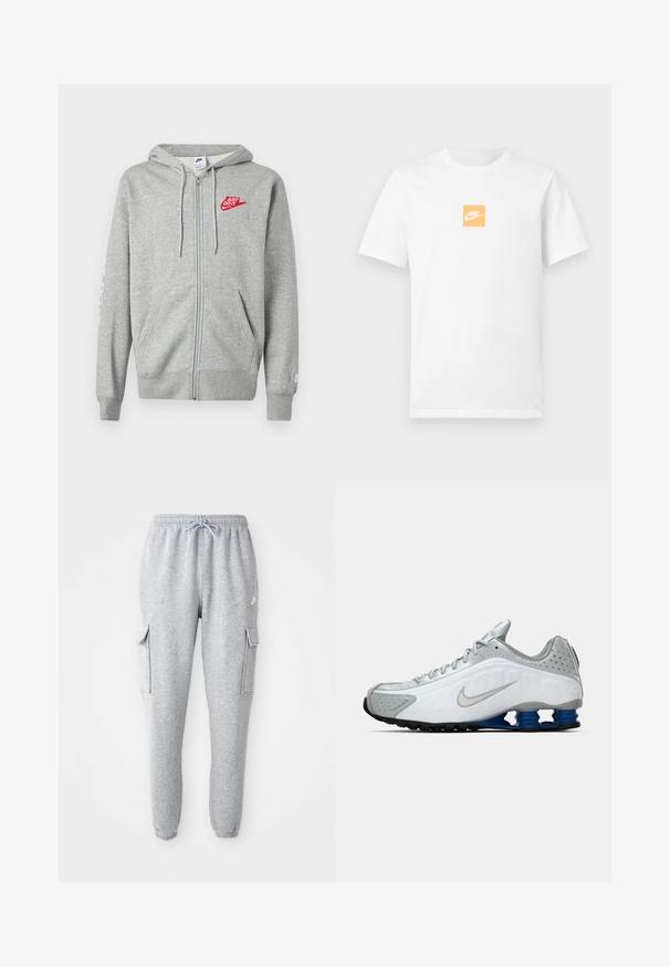 Hellgrauer Kapuzenpullover mit Reißverschluss, Fronttaschen, verstellbarer Kordelzugkapuze und rotem "Just Do It" Nike-Logo auf der linken Brust.; Weißes Kurzarm-T-Shirt aus Baumwolle mit kleinem orangefarbenem Quadrat auf der Brust, das das weiße Nike-Logo und den Swoosh zeigt.; Graue Sweatpants aus weichem Material, mit elastischem Bund und Kordelzug, zwei seitlichen Cargo-Taschen und schmal zulaufenden Bündchen.; Weißer und grauer Nike-Laufschuh mit silberner Swoosh, blauen federartigen Sohlen und schwarzem Profil auf einem schlichten Hintergrund.