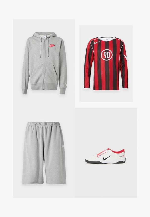 Lysegrå hættejakke med lynlås, forlommer, justerbar snøre i hætten og rød "Just Do It" Nike-logo på venstre bryst.; Langærmet fodboldtrøje med skiftevis røde og sorte lodrette striber, hvide detaljer, rundt logo med "90" og klassisk rund halsudskæring.; Grå bomuldsshorts med elastik i taljen, med løs pasform og et lille hvidt logo nær kanten. Glat tekstur, længde over knæet.; Hvide atletiske sko med røde accenter, sort Swoosh-logo og struktureret design. Har hvide snørebånd og en sort ydersål. Teksten læser "total90."