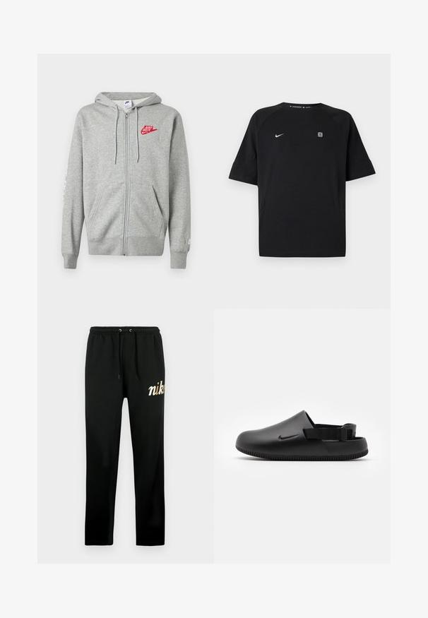 Sudadera con capucha y cremallera en gris claro, con bolsillos frontales, capucha ajustable con cordón y logo rojo de Nike "Just Do It" en el pecho izquierdo.; Camiseta deportiva negra de manga corta Nike con logo swoosh blanco en el pecho izquierdo y pequeño emblema cuadrado en el pecho derecho, fondo liso.; Pantalones deportivos negros hechos de tela suave, con una cintura elástica con cordones, piernas ajustadas y un logo "nike" bordado en oro.; Zuecos negros moldeados con una textura suave, correa trasera para mayor estabilidad y suela acanalada para un buen agarre. Presenta un pequeño logo lateral.