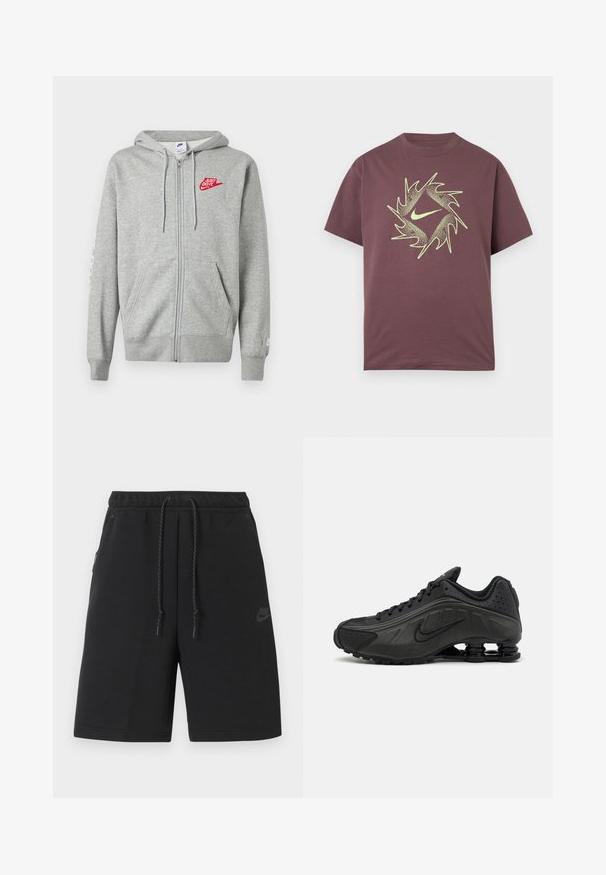 Sweat à capuche gris clair zippé avec poches devant, capuche ajustable à cordon, et logo Nike rouge "Just Do It" sur le côté gauche de la poitrine.; T-shirt à manches courtes bordeaux avec un design abstrait circulaire pointu en jaune néon et un logo swoosh central sur la poitrine.; Shorts de sport noirs Nike avec taille élastique, cordon de serrage, poches latérales et logo discret sur la cuisse gauche.; Baskets de course noires avec une tige en synthétique lisse, des accents perforés, des panneaux latéraux texturés et une semelle distincte et rebondissante.