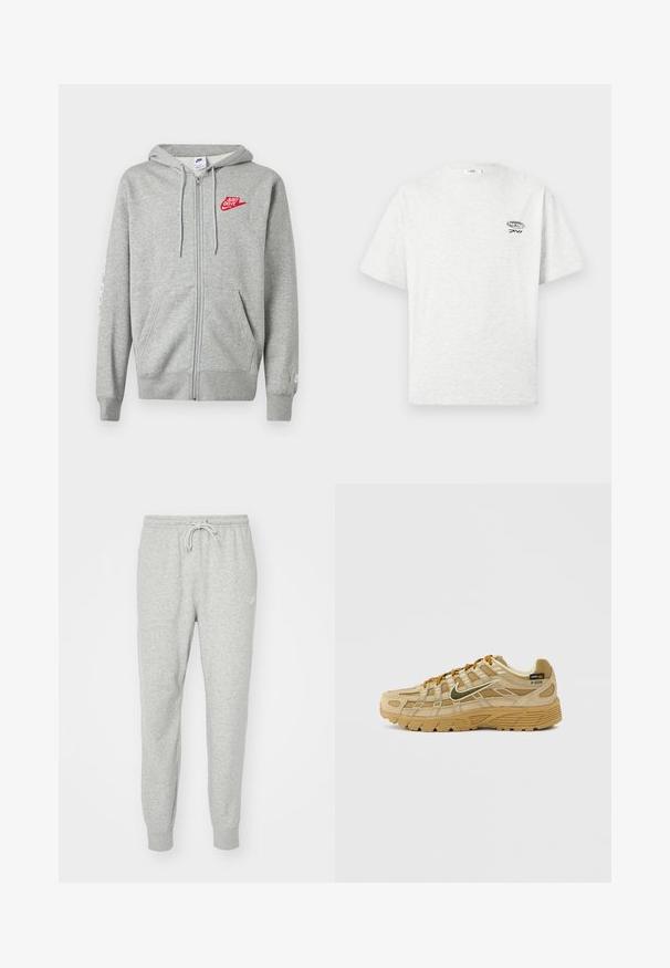 Vaaleanharmaa vetoketjullinen huppari, jossa on etutaskut, säädettävä kiristysnauha hupussa ja vasemmassa rinnassa punainen "Just Do It" - Nike-logo.; Vaaleanharmaa lyhythihainen pyöreäkauluksinen t-paita, jossa pieni musta logo ja "MXVI"-teksti vasemmassa ylärintassa.; Harmaat collegehousut, jotka on valmistettu pehmeästä materiaalista ja joissa on joustava vyötärö, nyörikiinnitys ja ribbitaskut. Sivussa on pieni logo.; Beige urheilukengät, joissa on teksturoitu mokka- ja verkkopaneelit, kontrastiväriset ruskeat nauhat ja kulutusta kestävä kumipohja. Niissä on näkyvä logo.