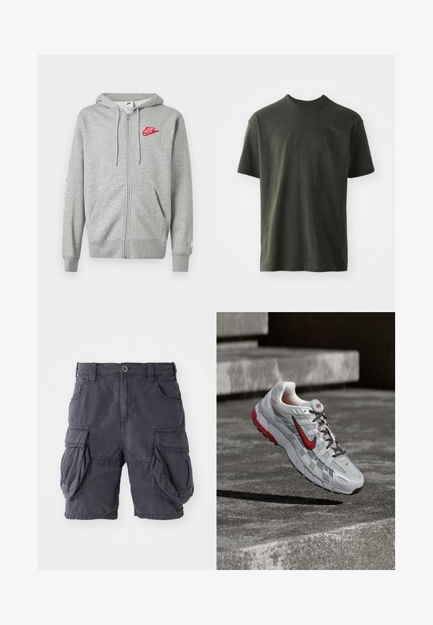 Helehall zip-up kapuutsiga fliis, ees taskud, reguleeritav nööriga kapuuts ja vasakul rinnal punane "Just Do It" Nike logo.; Tumes roheline T-särk pehmest kangast, millel on ümar kaelus ja lühikesed varrukad. Tikkitud "nike" logo, mis on veidi tumedamat roheline.; Tumedast hallist puuvillast valmistatud cargo-šortsid, millel on klassikaline lõige, mitmed küljetaskud ja ees nupuga sulgemine. Sile tekstuur.; Valge ja hall Nike jooksujalats punaste detailide ning mustade paeltega, ripub hallide betoonsammude kohal.