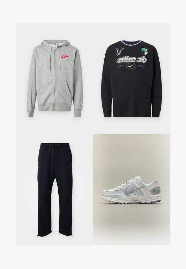 Sweat à capuche gris clair zippé avec poches devant, capuche ajustable à cordon, et logo Nike rouge "Just Do It" sur le côté gauche de la poitrine.; T-shirt noir à manches longues Nike SB avec logo blanc flou, inscription violette "EST. 2002", un graphisme d’aigle et un blason avec des icônes sur la poitrine.; Pantalons de sport noirs avec taille élastique et cordon de serrage, dotés de poches latérales, de jambes fuselées et de zips aux chevilles. Texture lisse.; Chaussure de course Nike blanche et grise avec des superpositions en mesh et synthétiques, logo swoosh gris, semelle amortie et support talon texturé.