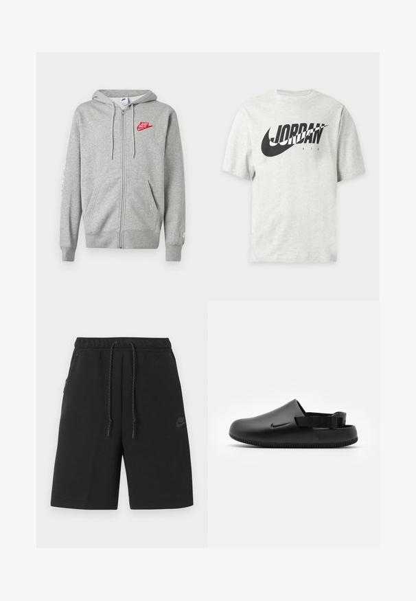 Lysegrå hættejakke med lynlås, forlommer, justerbar snøre i hætten og rød "Just Do It" Nike-logo på venstre bryst.; Lysegrå kortærmet t-shirt med sort Nike swoosh og "JORDAN AIR" tekst på fronten.; Sorte Nike sportsshorts med elastisk talje, snøre, sidelommer og diskret logo på venstre lår.; Sorte formede klipklapper med en glat overflade, rygstrop for stabilitet og en ribbet sål for greb. Fungerer med et lille logo på siden.