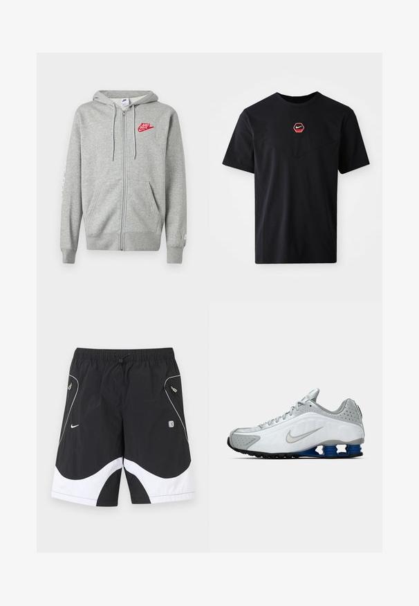 Lysegrå hættejakke med lynlås, forlommer, justerbar snøre i hætten og rød "Just Do It" Nike-logo på venstre bryst.; Sort kortærmet T-shirt i bomuld med et sekskantet rødt og hvidt Nike-logo på brystet og en rund halsudskæring.; Sort-hvide Nike sportsshorts med elastisk taljebånd, snøre, lynlåslommer i siden og reflekterende kant på frontpanelerne.; Hvide og grå Nike løbesko med sølv swoosh, blå fjederlignende såleelementer og sort slidbane på en ensfarvet baggrund.