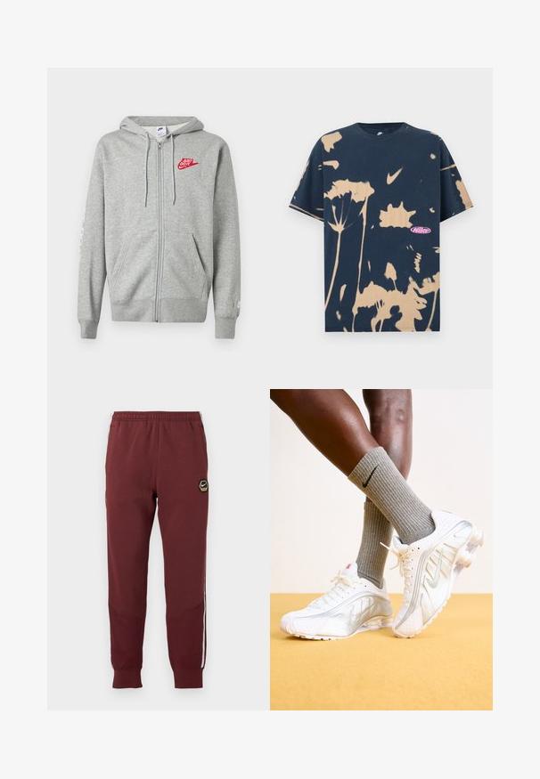 Lichtgrijze hoodie met rits, voorzakken, verstelbare capuchon met trekkoord en een rood "Just Do It" Nike-logo op de linkerborst.; Marineblauw Nike T-shirt met korte mouwen, voorzien van beige tie-dye bloemenpatronen en een klein roze Nike-logo aan de voorzijde rechtsonder.; Bordeauxrode trainingsbroek met een hexagonaal Nike-logo, elastische tailleband, twee zijzakken en witte zijkanten. Geweven stof met een tapered leg ontwerp.; Nike sneakers in het wit met zilveren accenten, met textuurpanelen en perforaties. Gecombineerd met grijze geribde sokken, tegen een gele achtergrond.