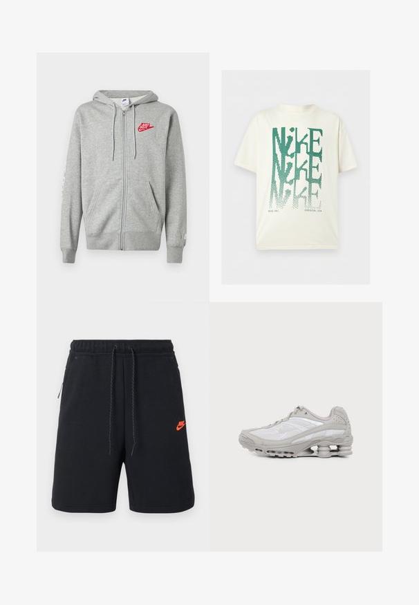 Sweat à capuche gris clair zippé avec poches devant, capuche ajustable à cordon, et logo Nike rouge "Just Do It" sur le côté gauche de la poitrine.; T-shirt blanc à manches courtes avec un grand texte vert déformé « NIKE » empilé verticalement et un petit texte « NIKE INC. OREGON, USA » en bas.; Shorts noirs Nike avec ceinture élastique, cordon de serrage, poches latérales et petit logo Nike orange sur la cuisse gauche.; Baskets de sport grises et blanches avec semelle à coussin d'air visible et panneaux en mesh, présentées de profil sur un fond clair uni.