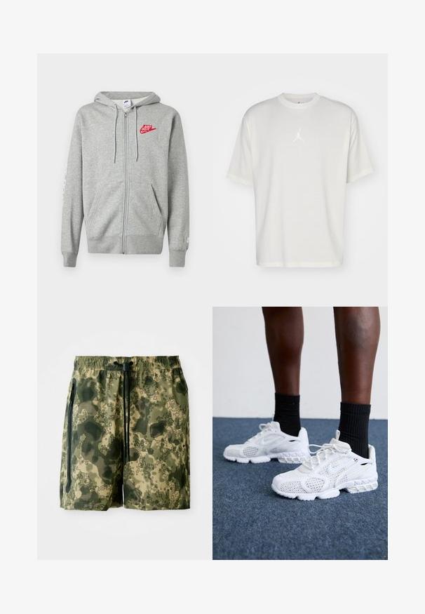 Helehall zip-up kapuutsiga fliis, ees taskud, reguleeritav nööriga kapuuts ja vasakul rinnal punane "Just Do It" Nike logo.; Valge puuvillane T-särk ümmarguse kaelusega, lühikeste varrukatega ja väikese tikitud logoga keskel. Lahtine sobivus minimaalse õmblusega.; Roheliste toonide kamuflaaži ujumispüksid, valmistatud kergest kangast, millel on elastne vöökoht, pael ja küljetaskud.; Valged spordijalatsid, millel on võrkmaterjalist pealne, tekstuuriga detailid ja pehme tallaga. Koos mustade ribadena sokkidega sinisel vaipkattega pinnal.