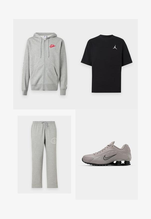 Vaaleanharmaa vetoketjullinen huppari, jossa on etutaskut, säädettävä kiristysnauha hupussa ja vasemmassa rinnassa punainen "Just Do It" - Nike-logo.; Musta puuvillainen T-paita lyhyillä hihoilla, jossa vasemmassa rinnassa valkoinen Jumpman-logo. Pyöreä pääntie, tavallinen istuvuus ja sileä pinta.; Harmaat collegehousut, joissa on joustava vyötärönauha ja nyöri, ylävasemmassa reisissä pieni valkoinen pyöreä logo.; Vaaleanharmaa urheilukenki, jossa on muotoiltu päällinen, teksturoidut yksityiskohdat, musta pohja ja voimakas Nike-logon swoosh tummanharmaana. Sisältää reikäkohteita.