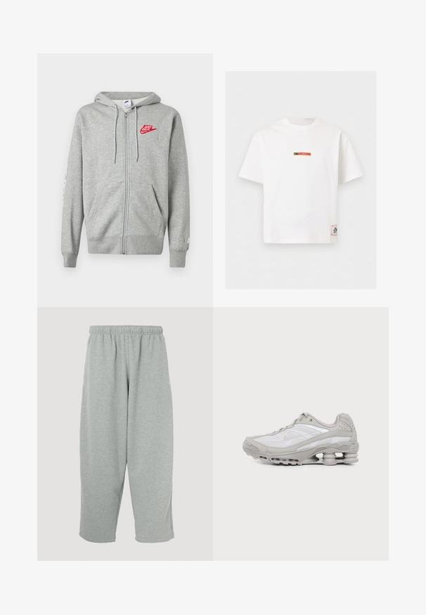 Lysegrå hættejakke med lynlås, forlommer, justerbar snøre i hætten og rød "Just Do It" Nike-logo på venstre bryst.; Hvid kortærmet Nike T-shirt med lille "Fussball" logo i sort og rød på brystet og et rektangulært mærke nær nederste kant.; Lysegrå joggingbukser med elastisk taljebånd, konisk ben-design og blød tekstur. Ingen synligt mærke eller mønstre.; Nike Sportswear SHOX RIDE 2 - Sneakers - vast grey/college grey