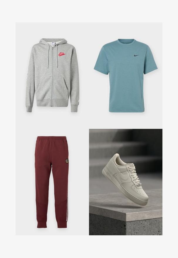 Vaaleanharmaa vetoketjullinen huppari, jossa on etutaskut, säädettävä kiristysnauha hupussa ja vasemmassa rinnassa punainen "Just Do It" - Nike-logo.; Vaaleansininen lyhythihainen Nike-t-paita pyöreällä kaula-aukolla ja pienellä mustalla Nike swoosh -logolla vasemmassa rinnassa.; Bordeaux-huonoja verkkarit, joissa on kuusikulmainen Nike-logo, joustava vyötärö, kaksi sivutaskua ja valkoiset sivuviivat. Teksturoitu kangas ja kapeneva lahjesuunnittelu.; Yksi beige nauhallinen lenkkari leijuu harmaan betonipinnan yläpuolella, Nike-logo näkyvissä, portaiden tausta on sumea.