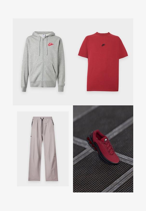Hellgrauer Kapuzenpullover mit Reißverschluss, Fronttaschen, verstellbarer Kordelzugkapuze und rotem "Just Do It" Nike-Logo auf der linken Brust.; Rotes Baumwoll-T-Shirt mit schwarzem Nike-Logo auf der Brust, kurzen Ärmeln, rundem Ausschnitt und normaler Passform. Glatte Textur.; Hellgraue locker sitzende Hose mit elastischem Bund, schwarzer verstellbarer Kordel und seitlichen Taschen mit schwarzen Reißverschlussdetails.; Rote Sneaker mit strukturiertem Obermaterial, ausgestattet mit schwarzen Akzenten und einem auffälligen Luftpolstersohlen-Design. Schnürsenkel und Logo sind oben sichtbar.