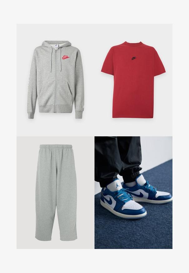 Helehall zip-up kapuutsiga fliis, ees taskud, reguleeritav nööriga kapuuts ja vasakul rinnal punane "Just Do It" Nike logo.; Punane puuvillane T-särk, millel on must Nike'i logo rinnal, lühikesed varrukad, ümar kaelus ja tavapärane lõige. Sile tekstuur.; Heleroosad dressipüksid, millel on elastne vöökoht, kitseneva lõikega sääred ja pehme tekstuur. Puuduvad nähtavad brändimärgid või mustrid.; Nike Air Jordan tennisijalad on valge nahast alus siniste sünteetiliste detailidega, aukudega varbakoht ja sinised paelad.